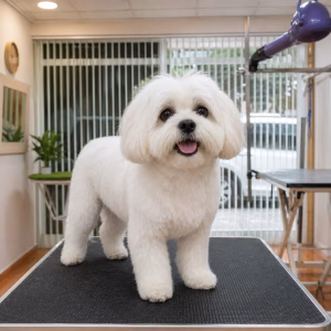 Bichón maltés recién arreglado en peluquería canina en Valencia