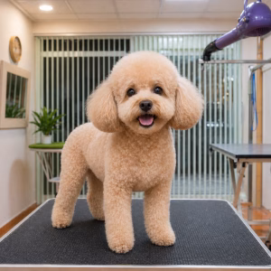 Caniche toy recién arreglado en peluquería canina en Valencia